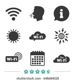 Free Wifi, Wireless Network Cloud Speech Bubble Icons. Wi-fi Zone Sign Symbols. Information, Go To Web And Calendar Icons. Sun And Loud Speak Symbol. Vector