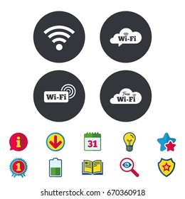 Free Wifi Wireless Network cloud speech bubble icons. Wi-fi zone sign symbols. Calendar, Information and Download signs. Stars, Award and Book icons. Light bulb, Shield and Search. Vector