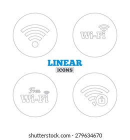 Free Wifi Wireless Network icons. Wi-fi zone locked symbols. Password protected Wi-fi sign. Linear outline web icons. Vector
