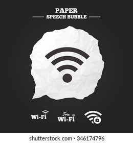 Free Wifi Wireless Network icons. Wi-fi zone locked symbols. Password protected Wi-fi sign. Paper speech bubble with icon.