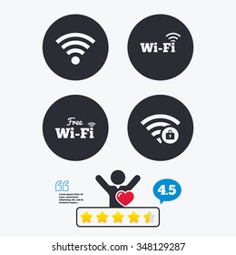 Free Wifi Wireless Network icons. Wi-fi zone locked symbols. Password protected Wi-fi sign. Star vote ranking. Client like and think bubble. Quotes with message.