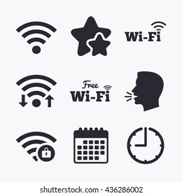 Free Wifi Wireless Network icons. Wi-fi zone locked symbols. Password protected Wi-fi sign. Wifi internet, favorite stars, calendar and clock. Talking head. Vector
