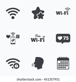 Free Wifi Wireless Network icons. Wi-fi zone locked symbols. Password protected Wi-fi sign. Flat talking head, calendar icons. Stars, like counter icons. Vector