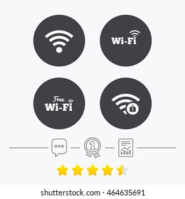 Free Wifi Wireless Network icons. Wi-fi zone locked symbols. Password protected Wi-fi sign. Chat, award medal and report linear icons. Star vote ranking. Vector