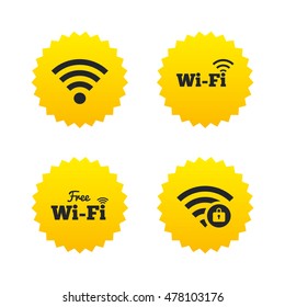 Free Wifi Wireless Network icons. Wi-fi zone locked symbols. Password protected Wi-fi sign. Yellow stars labels with flat icons. Vector