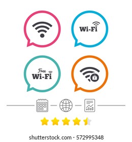 Free Wifi Wireless Network icons. Wi-fi zone locked symbols. Password protected Wi-fi sign. Calendar, internet globe and report linear icons. Star vote ranking. Vector