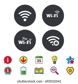 Free Wifi Wireless Network icons. Wi-fi zone locked symbols. Password protected Wi-fi sign. Calendar, Information and Download signs. Stars, Award and Book icons. Light bulb, Shield and Search. Vector