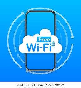 Free wifi zone blue icon. Free wifi here sign concept. Vector stock illustration.