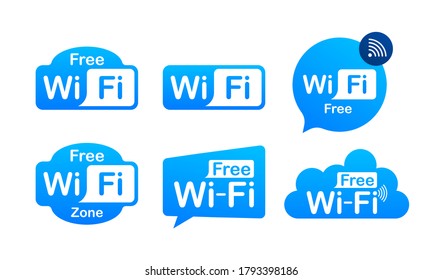 Free wifi zone blue icon. Free wifi here sign concept. Vector stock illustration.