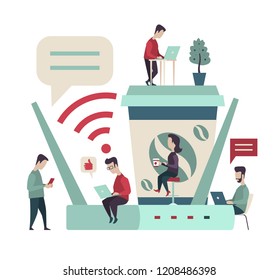 Free Wi-Fi zone design concept. A large router, a cup of coffee, men and women sit and stand with laptops and phones in their hands. Vector illustration for business banner or poster.