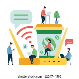 Free Wi-Fi zone design concept. A large router, a cup of coffee, men and women sit and stand with laptops and phones in their hands. Vector illustration for banners or posters.
