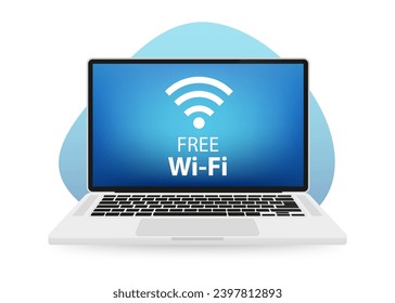 Free wifi zone icon on the laptop screen. Free wifi here sign concept. Wireless connection and sharing network on internet. Hotspot access point for digital and online coverage. Vector illustration