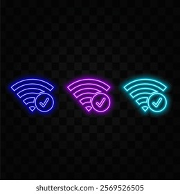 Free wi-fi zone neon sign. Wireless wav symbol in blue frame on dark brick wall..