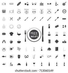 Free wifi zone, on the plate knife fork black icon on the white background restaurant cafe set Flat vector illustration