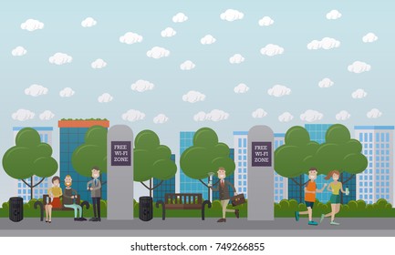 Free Wi-Fi zone in the park concept vector illustration. People using internet smart phones while sitting on bench, walking along the street. Flat style design.