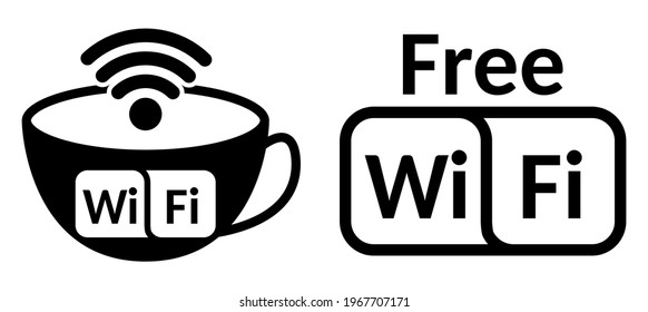 Free wi-fi zone sign with cup of coffee or tea, icon concept for restaurant and caffe. Black monochrome vector illustration.