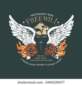 free will slogan with angel's wing and red roses graphic vector illustration