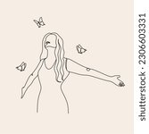 Free woman line art. Continuous line art woman stretching arms is relaxing vector illustration. Relax concept