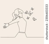 Free woman line art. Continuous line art woman stretching arms is relaxing vector illustration. Relax concept