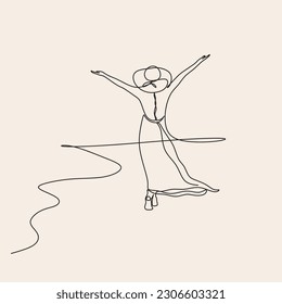 Free woman line art. Continuous line art woman stretching arms is relaxing vector illustration. Relax concept