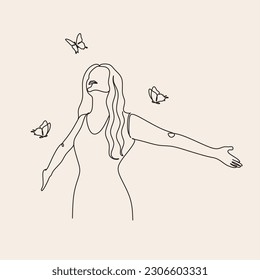 Free woman line art. Continuous line art woman stretching arms is relaxing vector illustration. Relax concept