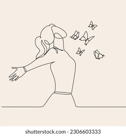 Free woman line art. Continuous line art woman stretching arms is relaxing vector illustration. Relax concept