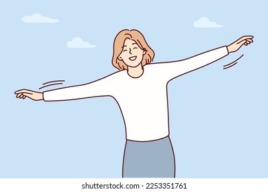 Free woman spreads arms to sides standing on background of sky with clouds depicts flight of bird. Carefree smiling girl imagines that she is airplane and tries to take off. Flat vector design 