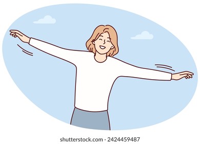 Free woman spreads arms to sides standing on background of sky with clouds depicts flight of bird. Carefree smiling girl imagines that she is airplane and tries to take off. Flat vector design