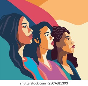 Free women. Women of different skin colors, cultures and nationalities stand side by side and look up. Movements for gender equality and women's empowerment. International Women's Day. Vector.