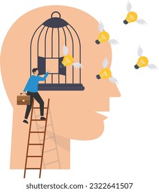 Free your mind and let creativity idea and imagination fly, Mindfulness thinking, break free to get solutions for business problem, Flying light bulb idea, Break free from human head cage

