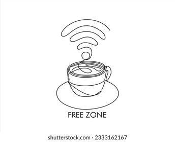 Free Zone. Free WI-FI. One continuous single line of cup of coffee decorated with wi-fi symbol isolated on white background.