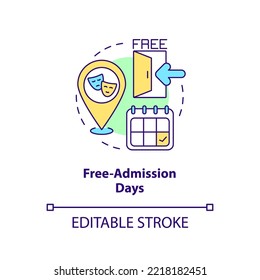Free-admission days concept icon. Visiting ticket without payment. Saving travel tip abstract idea thin line illustration. Isolated outline drawing. Editable stroke. Arial, Myriad Pro-Bold fonts used
