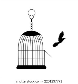 Freed bird flying from open birdcage stock illustration