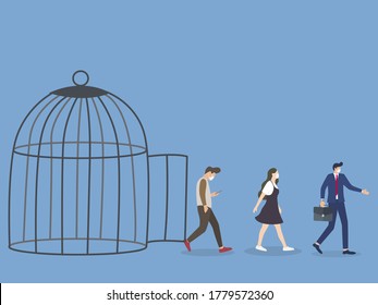 Freed, People Came Out Of The Open Cage. Unlock The Cage And People Return To Work. Restart Business In Normal Operation After Peak Of Coronavirus COVID-19 Outbreak Concept