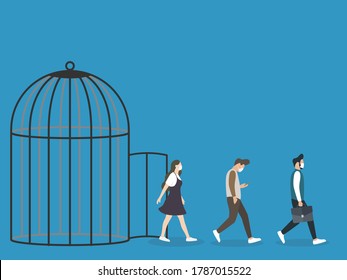 Freed, People Wearing Mask Came Out Of The Open Cage. Unlock The Cage And People Return To Work. Restart Business In Normal Operation After Peak Of Coronavirus COVID-19 Outbreak Concept. New Normal