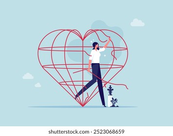 Freed, woman came out the cage big heart shape. Escape from the prison of family problem. Marriage difficulties problem, divorce or violence