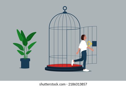 Freed, Woman Came Out Of The Open Cage. Unlock The Cage And People Return To Work. Restart Business In Normal Operation After Peak Of Coronavirus COVID-19 Outbreak.