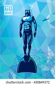 Freediver under water with monofin. Illustration in the sport logo style