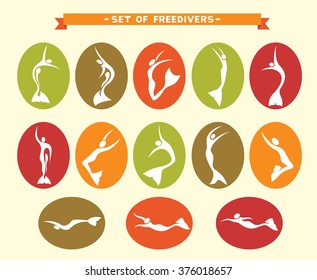 Freediving collection. Vector illustration -icon set with silhouette of freedivers in monofin.