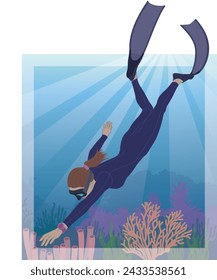 freediving, female free diver wearing fins and wetsuit in tropical ocean with coral and sun rays in clear blue water