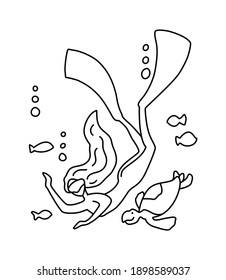 Freediving girl in fins swimming underwater, line art vector illustration on white background. Aquatic sport banner template. Tropical island attraction for tourist. Mermaid girl undersea with turtle