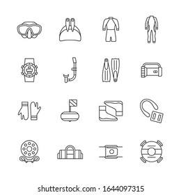 Freediving icons. Flippers, mask, wetsuit and other diving equipment. Vector illustration on thin line style isolated on white background for infographics or web use. Editable stroke