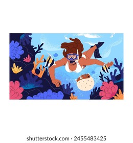 Freediving, scuba. Girl in bikini diving to colourful coral reef with fins. Swimmer watching ocean wildlife, tropical fishes. Diver swimming underwater with mask and snorkel. Flat vector illustration