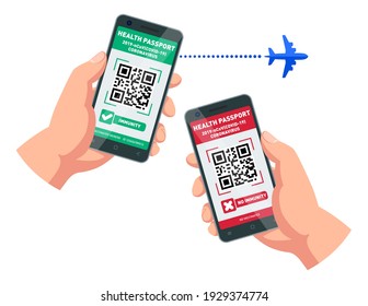 Freedom of air travel in a pandemic. Electronic health passport in the application on the mobile phone screen. Hand with a smartphone, QR-code, permission to fly. Vector on a transparent background