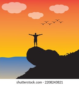 Freedom Alone Boy in mountain in sunset silhouette vector illustration