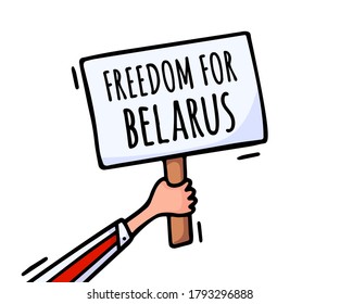 Freedom for Belarus on the poster. Protests in Belarus after the 2020 presidential elections. A raised poster in protest. Vector illustration