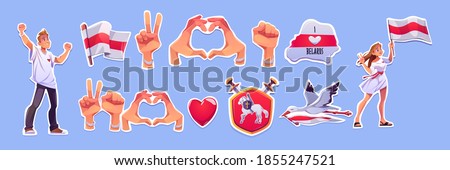 Freedom for Belarus stickers of opposition symbols. Man and woman activists on demonstration, national flag, hand gestures heart and victory, stork and coat of arms, I love badge cartoon vector set