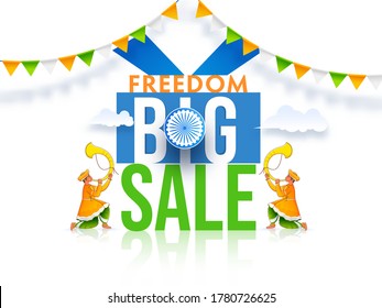 Freedom Big Sale Poster Design With Ashoka Wheel And Men Blowing Tutari Horn On Glossy White Background.