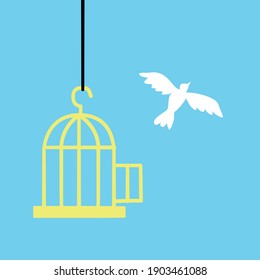 Freedom bird flying from golden cage