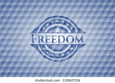 Freedom blue badge with geometric pattern background.